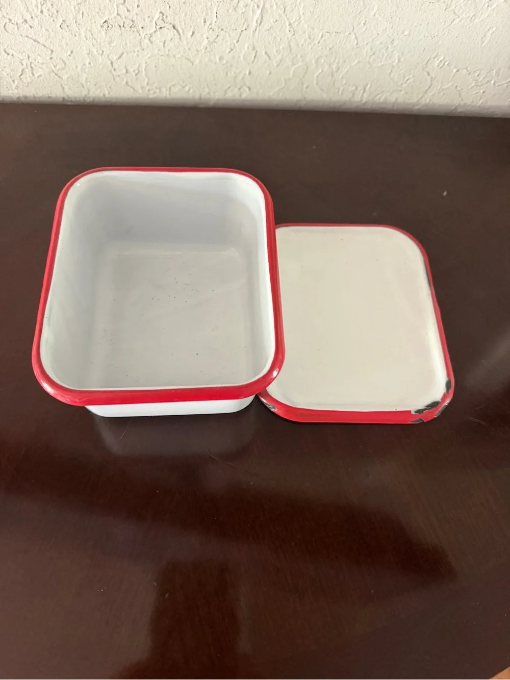 Vintage 1930s 40s Enamelware Refrigerator Box Lid White Red Trim 5”